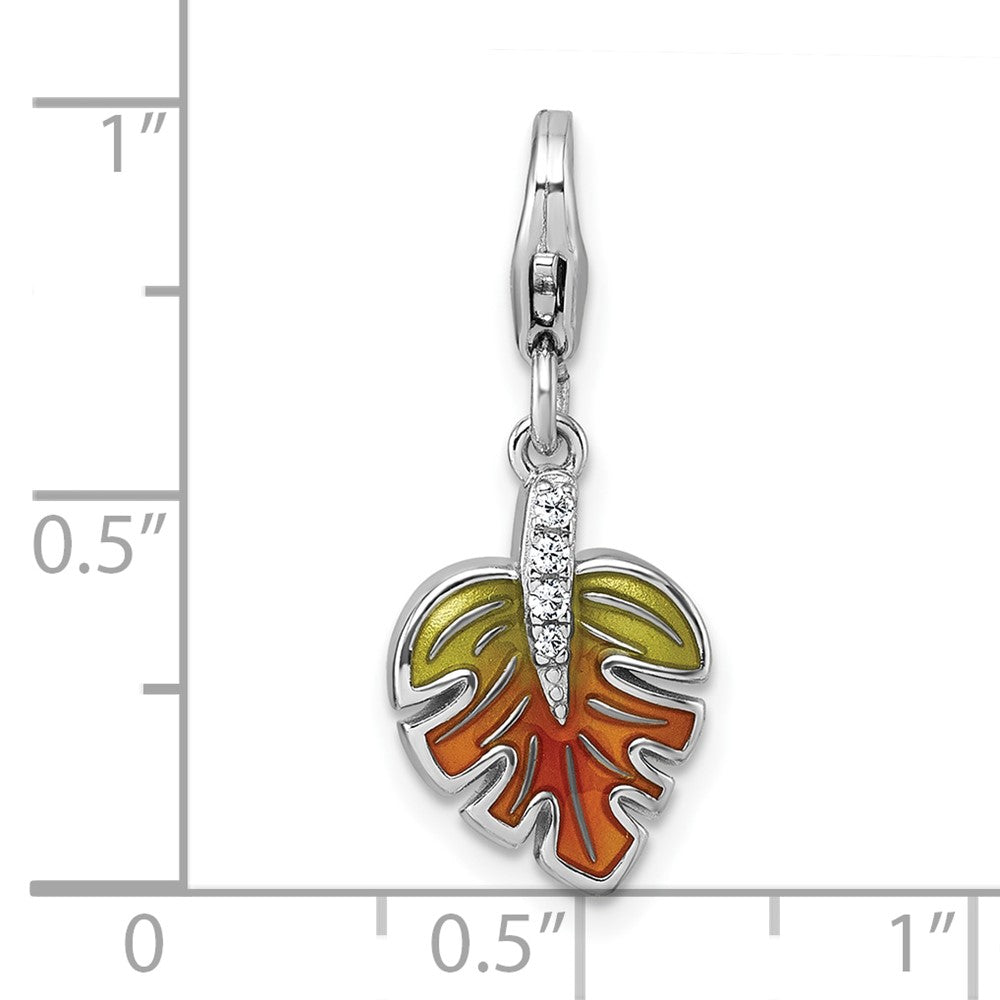 Sterling Silver Amore La Vita Rhodium Plated 3-D Green Orange Enamel CZ Leaf Charm