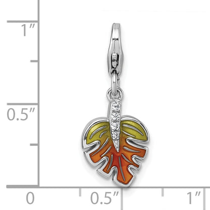 Sterling Silver Amore La Vita Rhodium Plated 3-D Green Orange Enamel CZ Leaf Charm