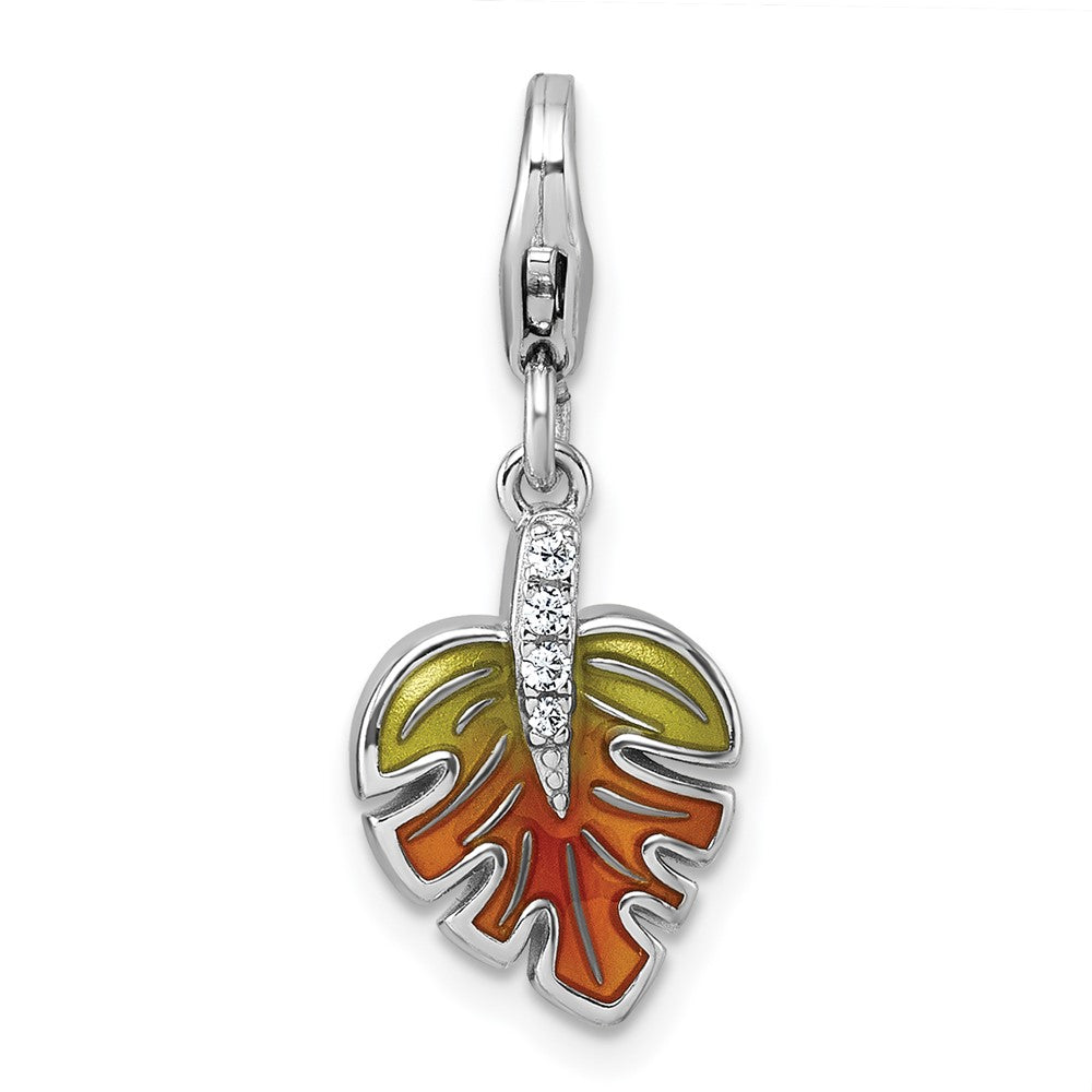 Sterling Silver Amore La Vita Rhodium Plated 3-D Green Orange Enamel CZ Leaf Charm