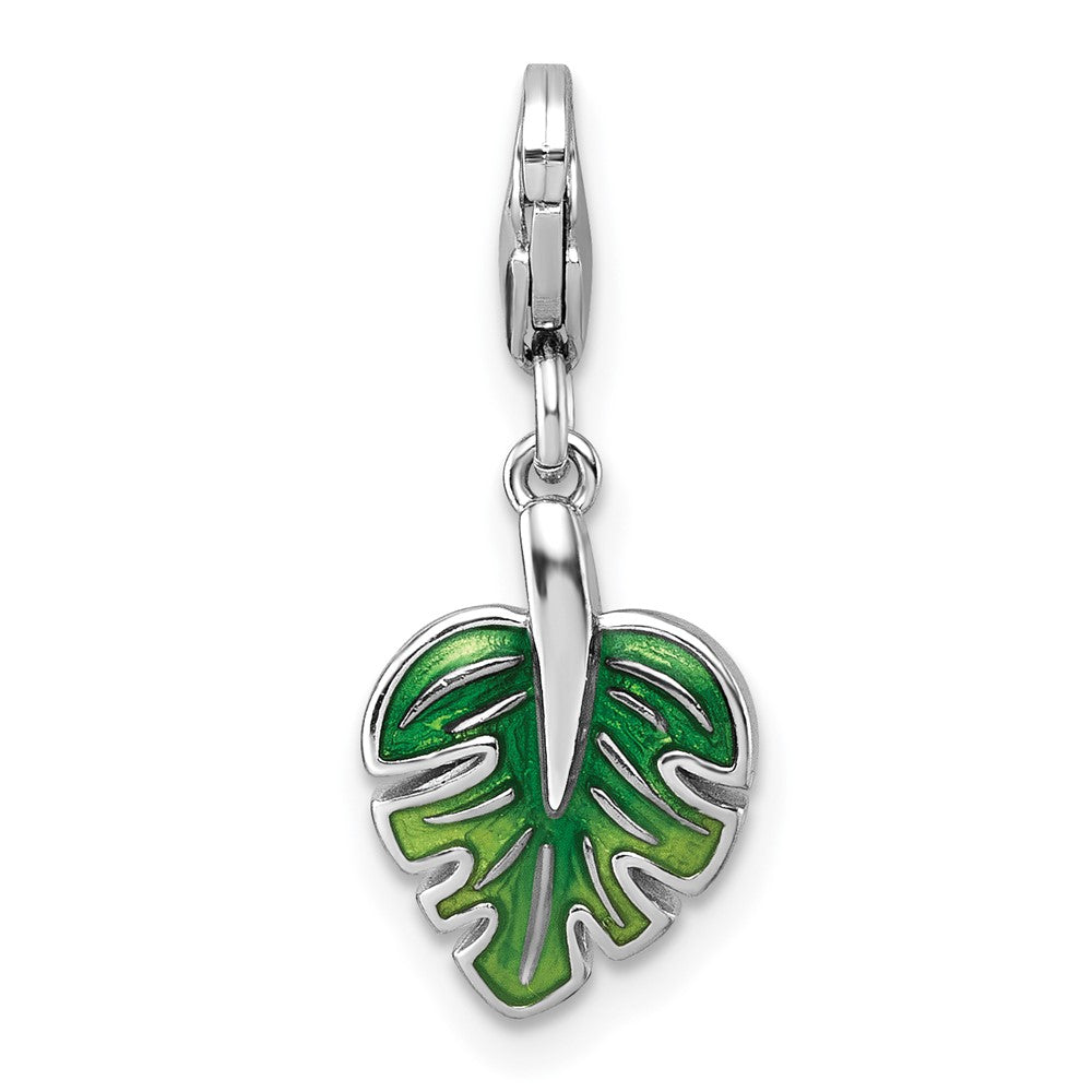 Sterling Silver Amore La Vita Rhodium Plated 3-D Green Enamel CZ Leaf Charm