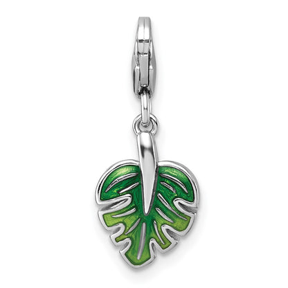 Sterling Silver Amore La Vita Rhodium Plated 3-D Green Enamel CZ Leaf Charm