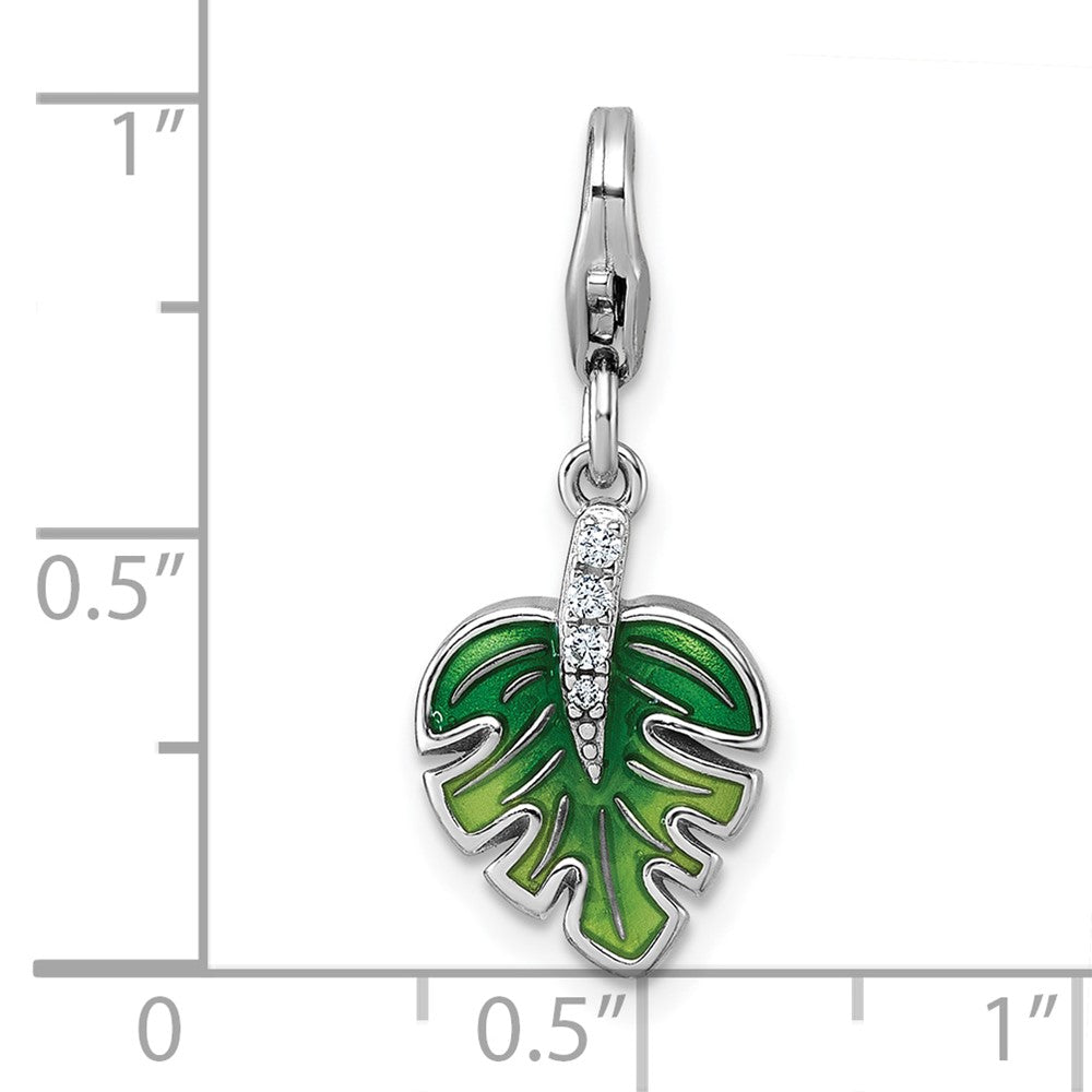 Sterling Silver Amore La Vita Rhodium Plated 3-D Green Enamel CZ Leaf Charm