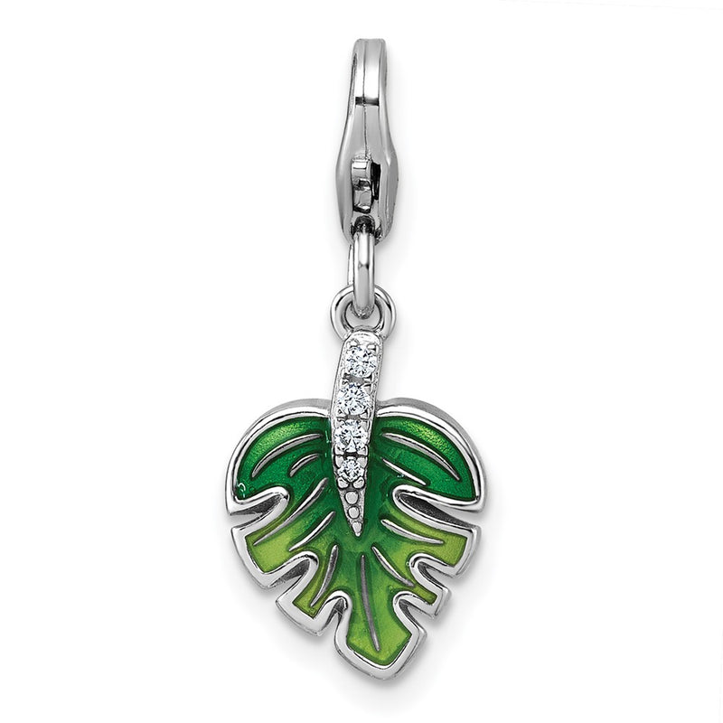 Sterling Silver Amore La Vita Rhodium Plated 3-D Green Enamel CZ Leaf Charm