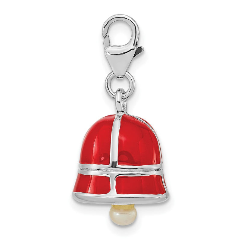 Sterling Silver Ss Rh Fw Cultured Pearl Red Enamel Bell W/Lobster Clasp Charm