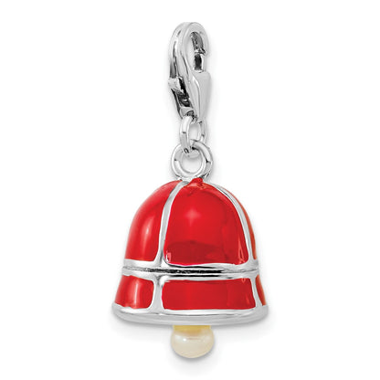Sterling Silver Ss Rh Fw Cultured Pearl Red Enamel Bell W/Lobster Clasp Charm