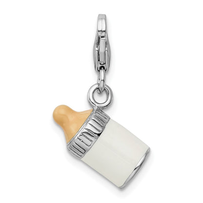 Sterling Silver Amore La Vita Rhodium-Plated Polished 3-D Enameled Baby Bottle Charm With Fancy Lobster Clasp