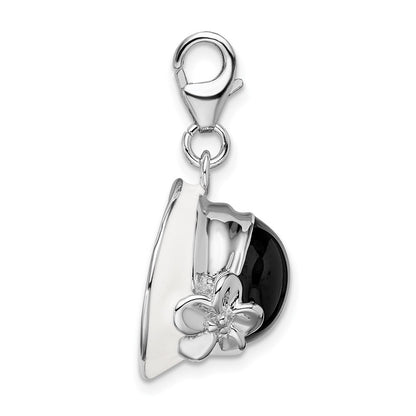 Sterling Silver Amore La Vita Rhodium-Plated Polished 3-D Black And White Enameled Hat Charm With Fancy Lobster Clasp