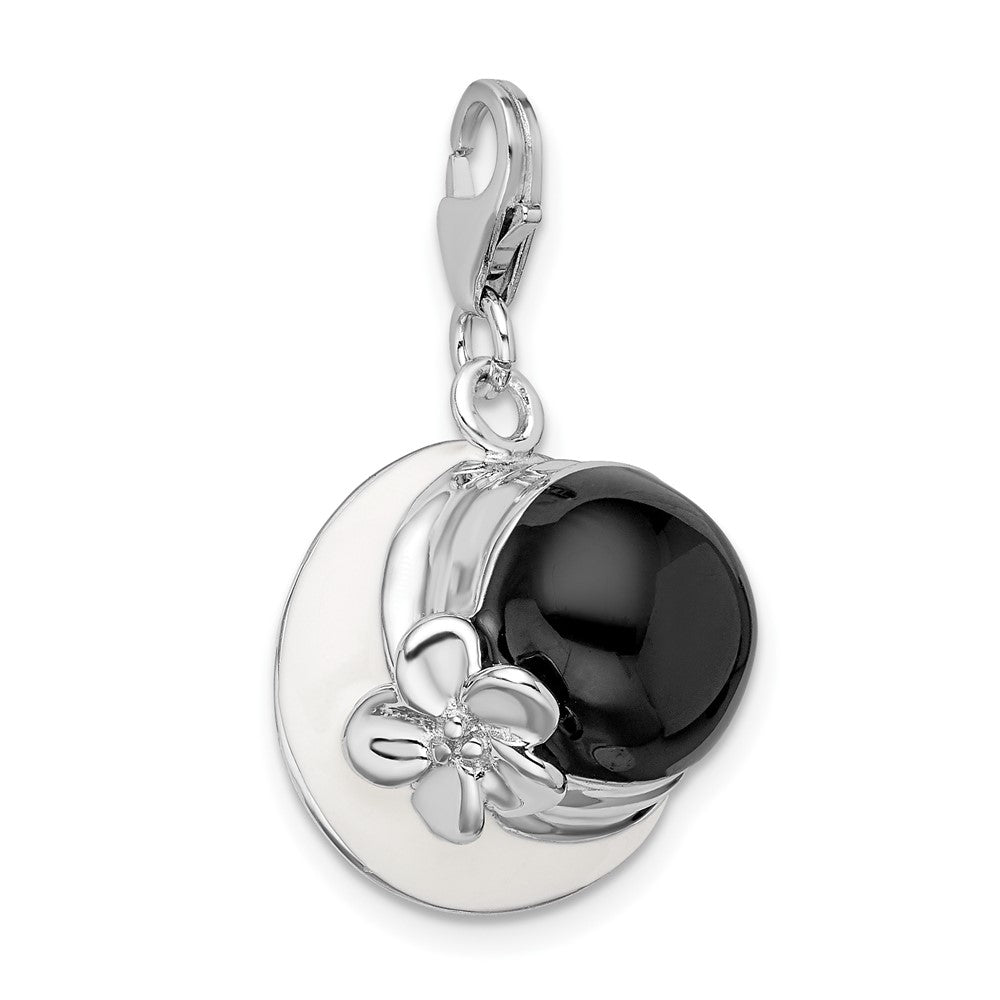 Sterling Silver Amore La Vita Rhodium-Plated Polished 3-D Black And White Enameled Hat Charm With Fancy Lobster Clasp