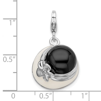 Sterling Silver Amore La Vita Rhodium-Plated Polished 3-D Black And White Enameled Hat Charm With Fancy Lobster Clasp