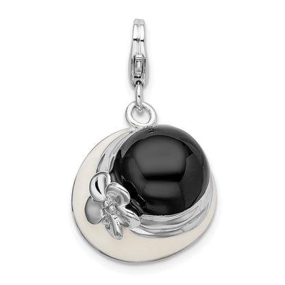 Sterling Silver Amore La Vita Rhodium-Plated Polished 3-D Black And White Enameled Hat Charm With Fancy Lobster Clasp