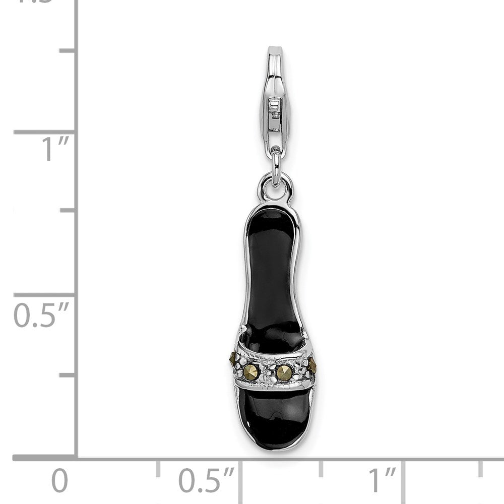 Sterling Silver Amore La Vita Rhodium-Plated Polished 3-D Black Enameled And Marcasite Shoe Charm With Fancy Lobster Clasp
