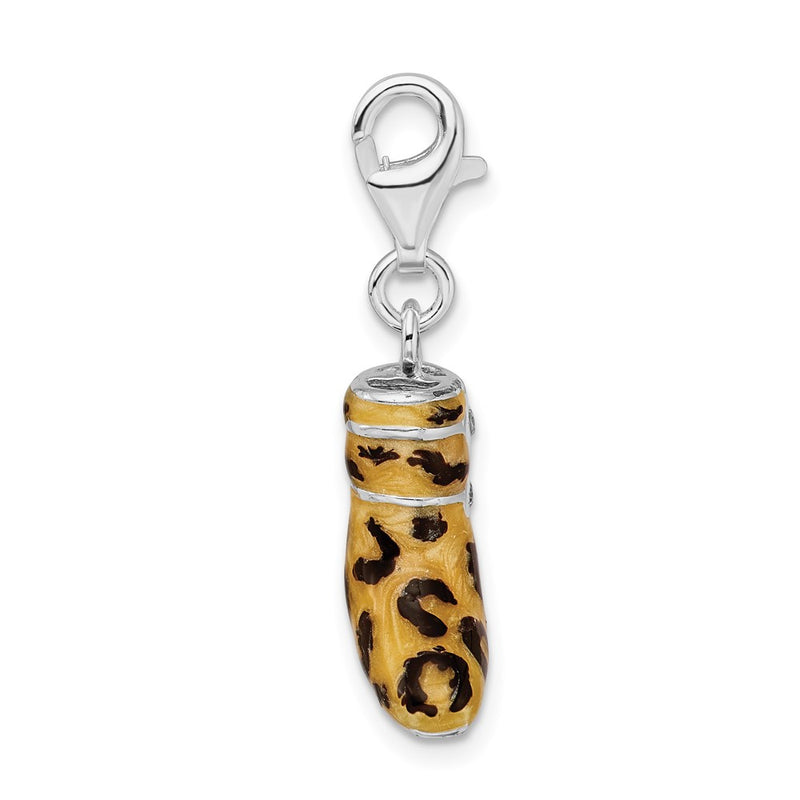 Sterling Silver Amore La Vita Rhodium-Plated Polished 3-D Cz Enameled Leopard Print Boot Charm With Fancy Lobster Clasp