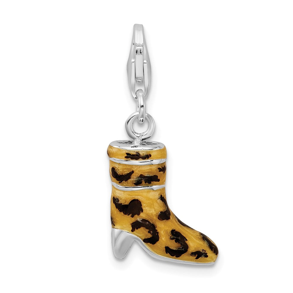 Sterling Silver Amore La Vita Rhodium-Plated Polished 3-D Cz Enameled Leopard Print Boot Charm With Fancy Lobster Clasp