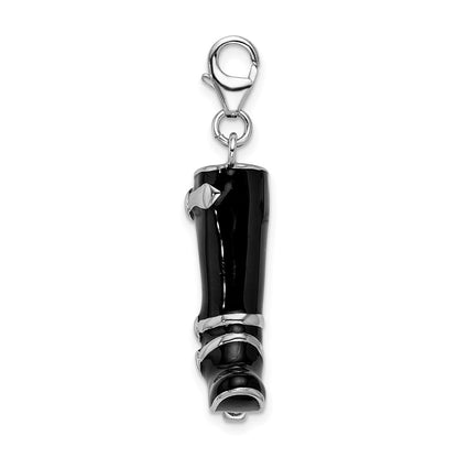 Sterling Silver Amore La Vita Rhodium-Plated Polished 3-D Enameled Buckled Black Boot Charm With Fancy Lobster Clasp