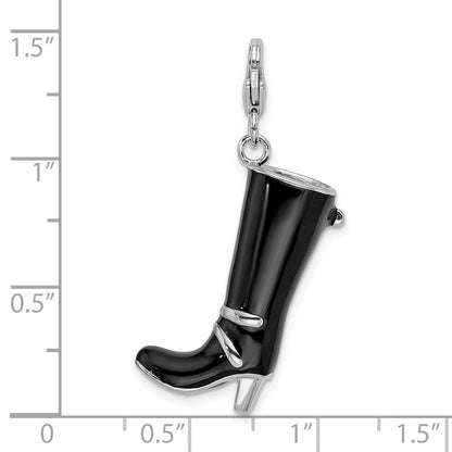 Sterling Silver Amore La Vita Rhodium-Plated Polished 3-D Enameled Buckled Black Boot Charm With Fancy Lobster Clasp