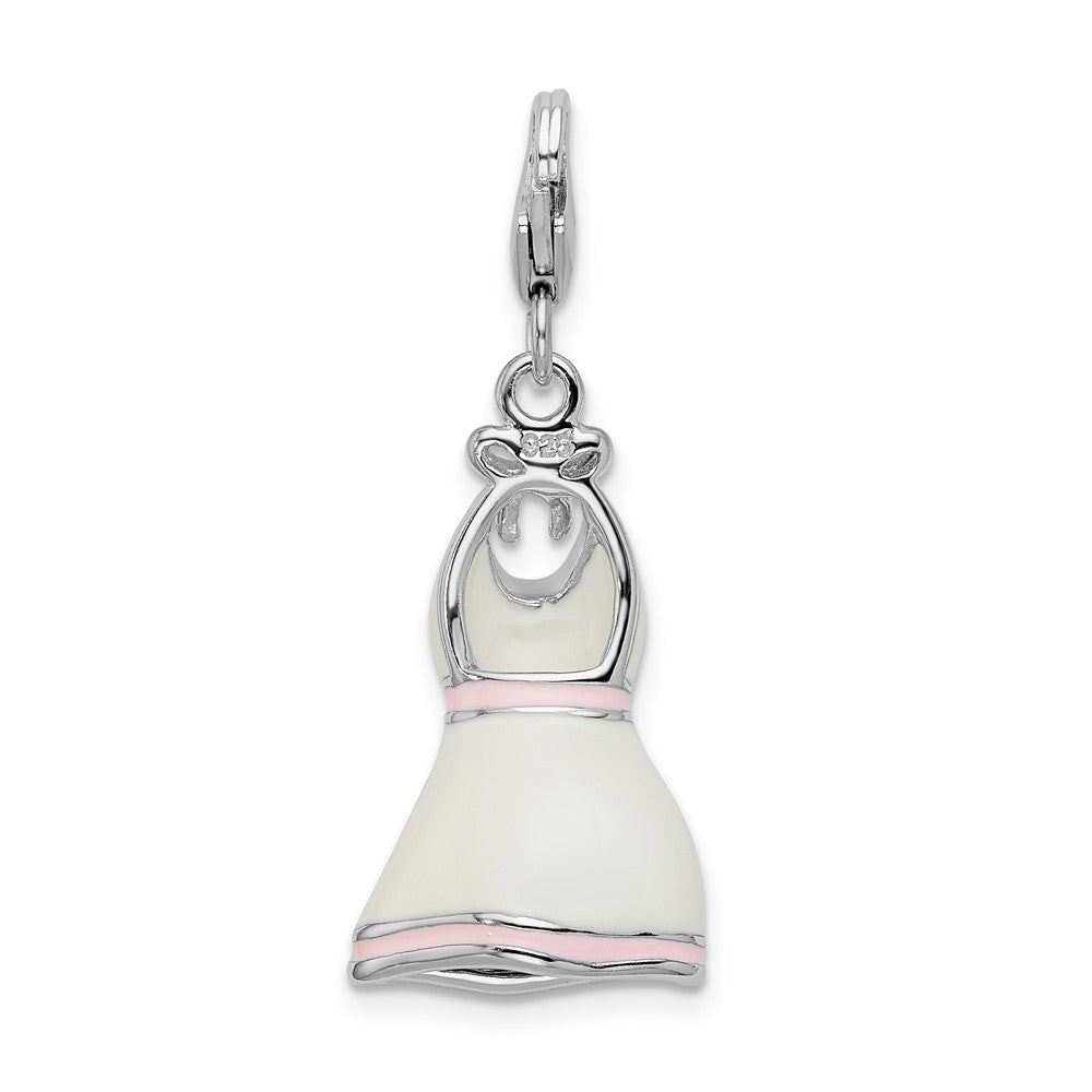 Sterling Silver Amore La Vita Rhodium-Plated Polished 3-D Enameled White Pink Trimmed Dress Charm With Fancy Lobster Clasp