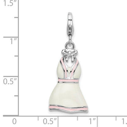 Sterling Silver Amore La Vita Rhodium-Plated Polished 3-D Enameled White Pink Trimmed Dress Charm With Fancy Lobster Clasp