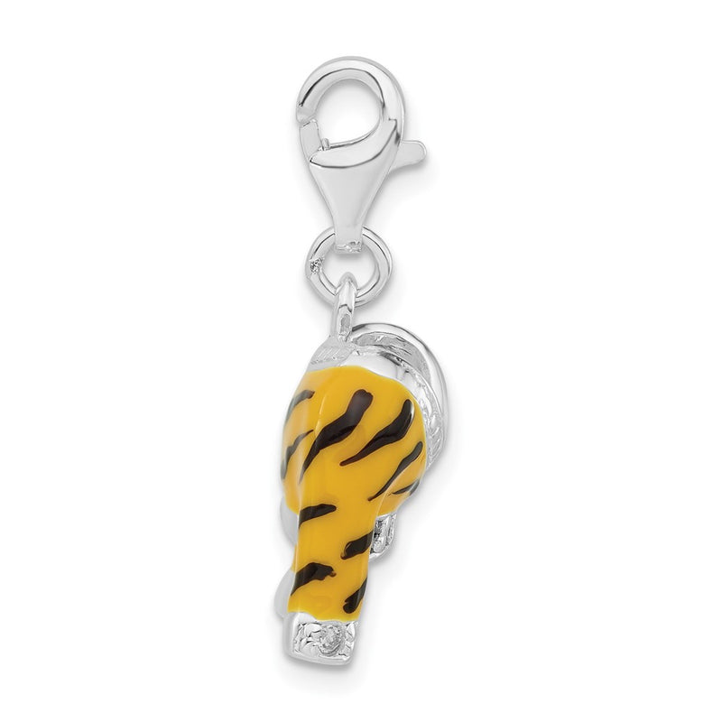 Sterling Silver Polished Cz & Enamel Tiger Jacket W/Lobster Clasp Charm