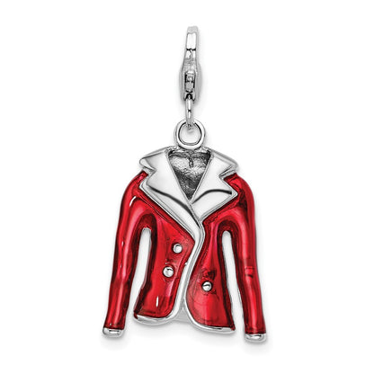 Sterling Silver Amore La Vita Rhodium-Plated Polished 3-D Red Enameled Jacket Charm With Fancy Lobster Clasp