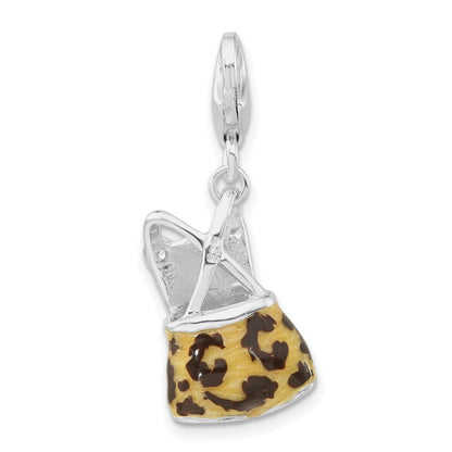 Sterling Silver Polished 3-D Cz Black & Tan Enameled Overalls W/Lobster Clasp Charm