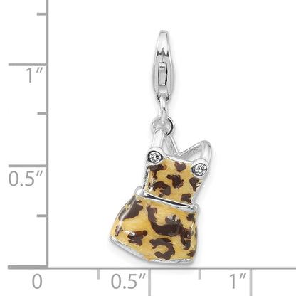 Sterling Silver Polished 3-D Cz Black & Tan Enameled Overalls W/Lobster Clasp Charm