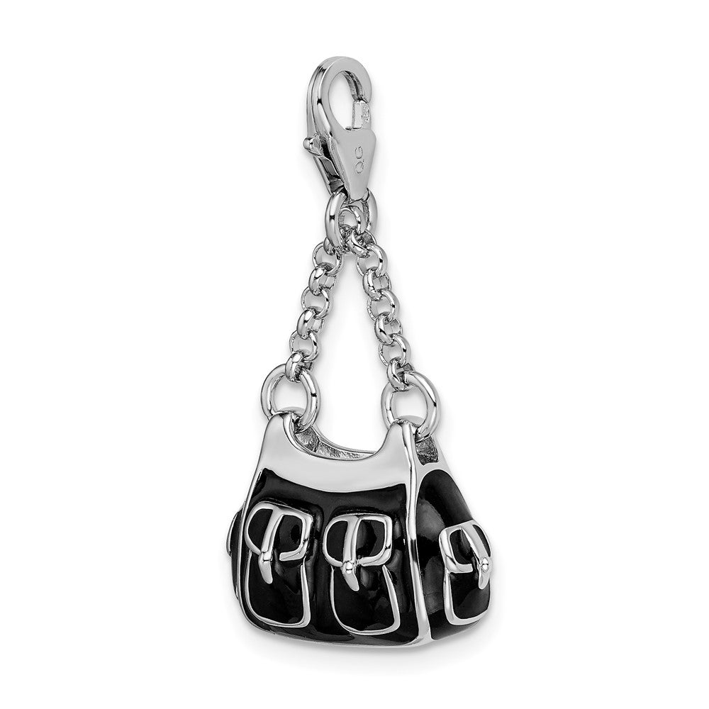 Sterling Silver Amore La Vita Rhodium-Plated Polished 3-D Black Enameled Handbag Charm With Fancy Lobster Clasp