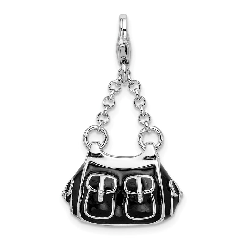 Sterling Silver Amore La Vita Rhodium-Plated Polished 3-D Black Enameled Handbag Charm With Fancy Lobster Clasp