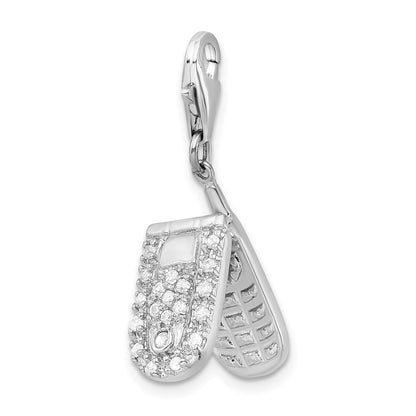 Sterling Silver Amore La Vita Rhodium-Plated Polished 3-D Moveable Cz Flip Cell Phone Charm With Fancy Lobster Clasp