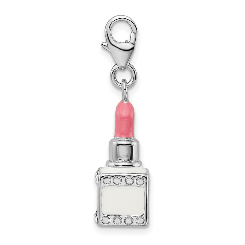 Sterling Silver Amore La Vita Rhodium-Plated Polished 3-D Enameled Crystal From Swarovski Pink Lipstick Charm With Fancy Lobster Clasp