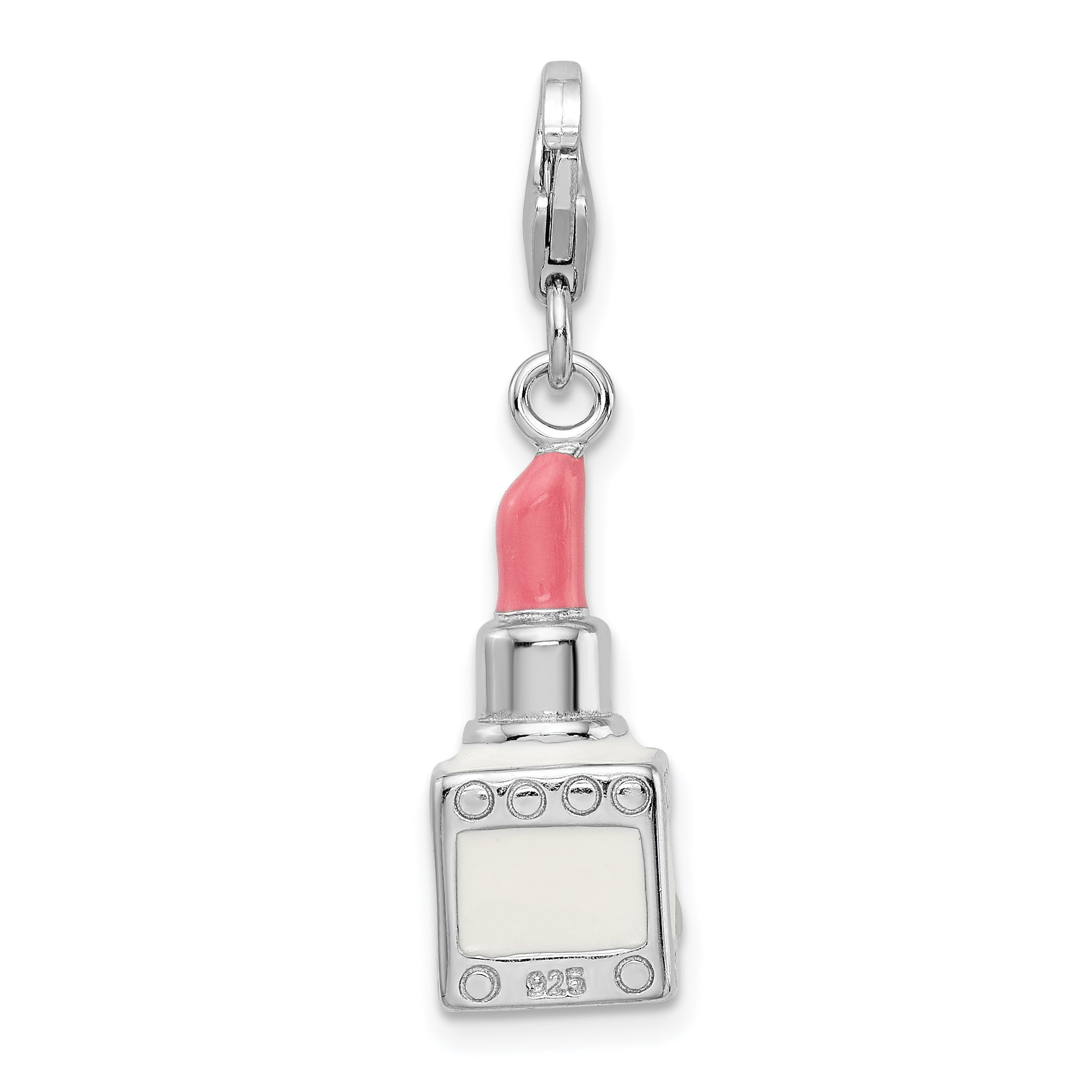 Sterling Silver Amore La Vita Rhodium-Plated Polished 3-D Enameled Crystal From Swarovski Pink Lipstick Charm With Fancy Lobster Clasp