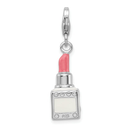 Sterling Silver Amore La Vita Rhodium-Plated Polished 3-D Enameled Crystal From Swarovski Pink Lipstick Charm With Fancy Lobster Clasp