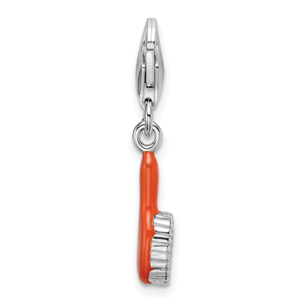 Sterling Silver Amore La Vita Rhodium-Plated Polished 3-D Orange Enameled Hair Brush Charm With Fancy Lobster Clasp