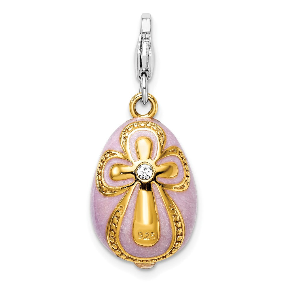 Sterling Silver Amore La Vita Rhodium-Plated And Gold-Plated Polished 3-D Crystal From Swarovski Enameled Pink Egg With Cross Charm Fancy Lobster Clasp