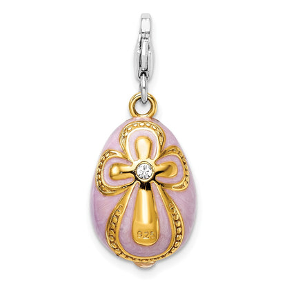 Sterling Silver Amore La Vita Rhodium-Plated And Gold-Plated Polished 3-D Crystal From Swarovski Enameled Pink Egg With Cross Charm Fancy Lobster Clasp