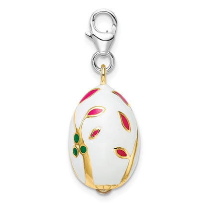 Sterling Silver Amore La Vita Rhodium-Plated And Gold-Plated Polished 3-D Enameled White Egg Charm With Fancy Lobster Clasp