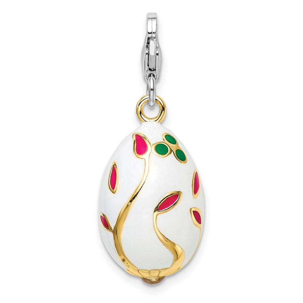 Sterling Silver Amore La Vita Rhodium-Plated And Gold-Plated Polished 3-D Enameled White Egg Charm With Fancy Lobster Clasp