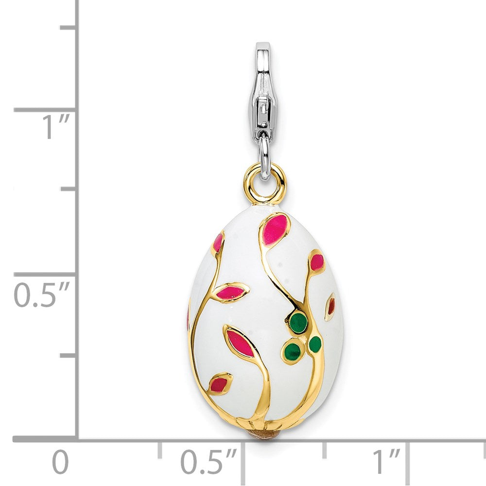 Sterling Silver Amore La Vita Rhodium-Plated And Gold-Plated Polished 3-D Enameled White Egg Charm With Fancy Lobster Clasp