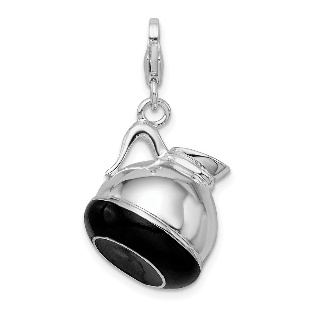 Sterling Silver Amore La Vita Rhodium-Plated Polished 3-D Enameled Coffee Pot Charm With Fancy Lobster Clasp