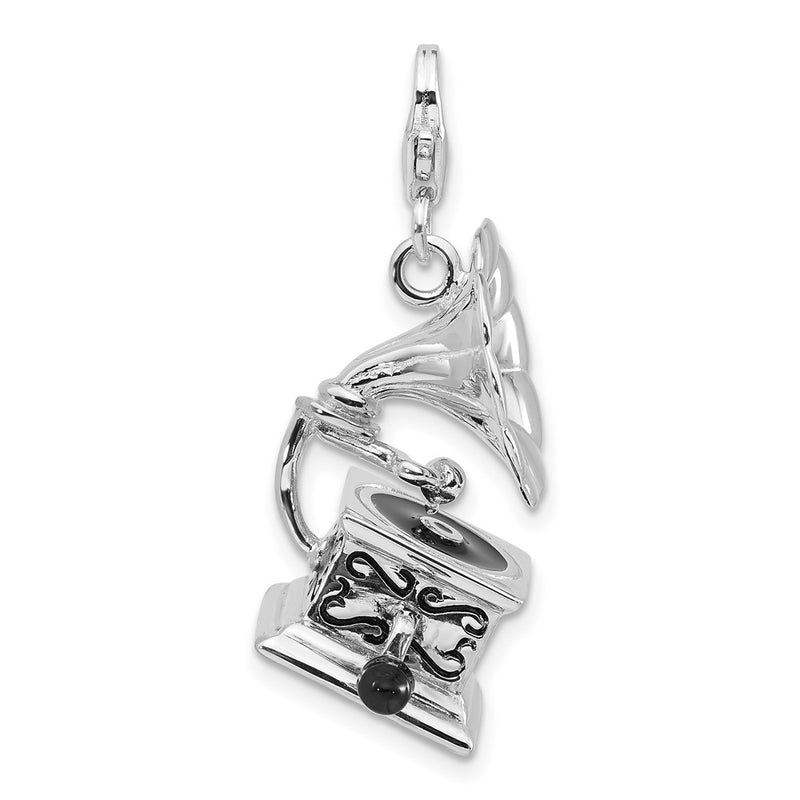 Sterling Silver Polished 3-D Enameled Phonograph W/Lobster Clasp Charm