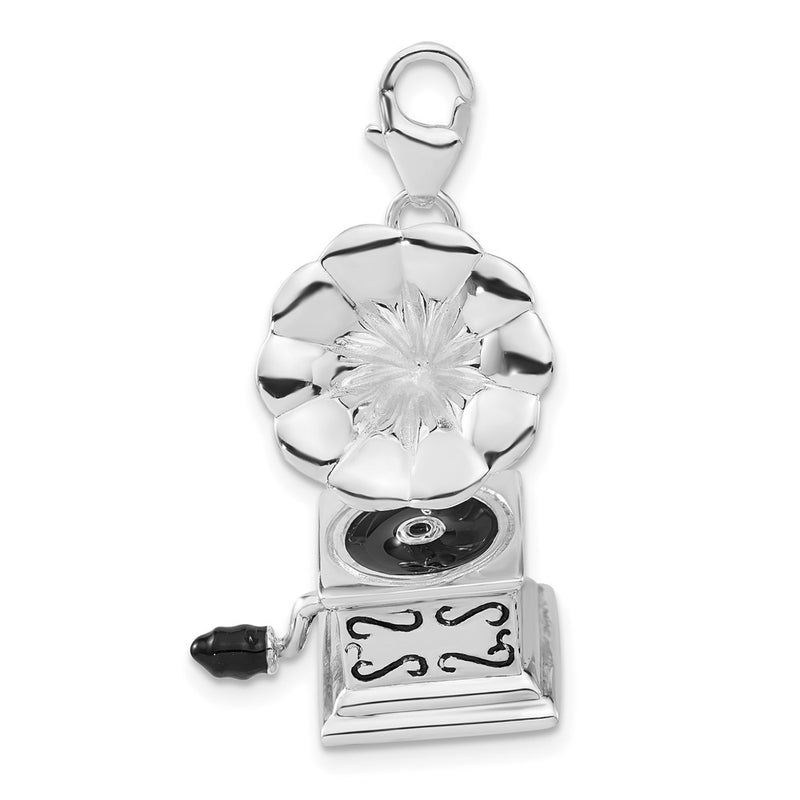 Sterling Silver Polished 3-D Enameled Phonograph W/Lobster Clasp Charm