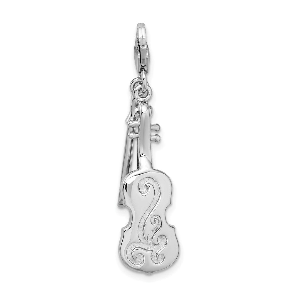 Sterling Silver Amore La Vita Rhodium-Plated Polished 3-D Violin With Antiqued Bow Charm Fancy Lobster Clasp