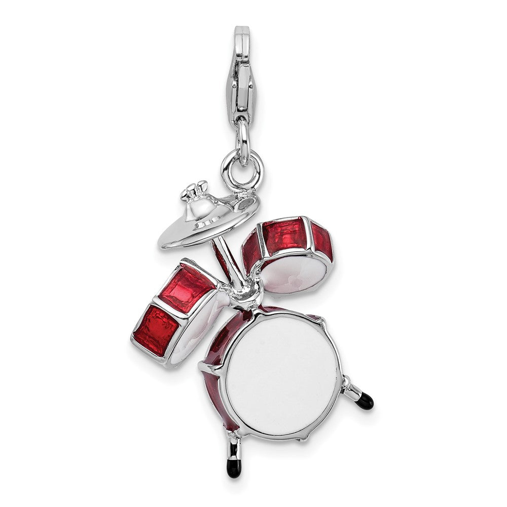 Sterling Silver Amore La Vita Rhodium-Plated Polished 3-D Enameled Drum Set Charm With Fancy Lobster Clasp