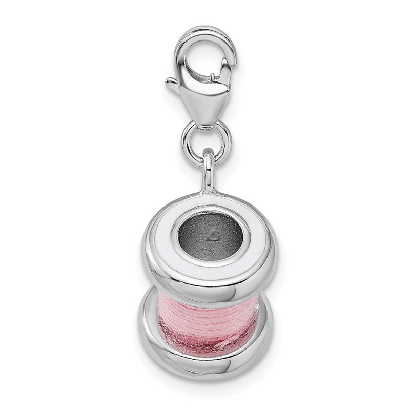 Sterling Silver Amore La Vita Rhodium-Plated Polished 3-D Enameled Pink Spool Of Thread Charm With Fancy Lobster Clasp