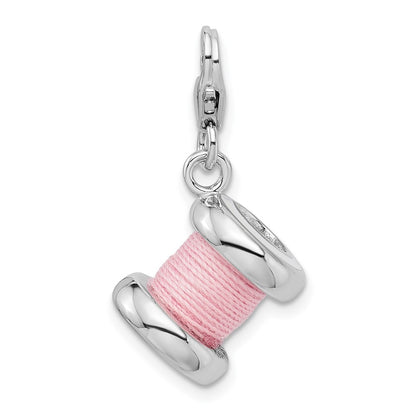 Sterling Silver Amore La Vita Rhodium-Plated Polished 3-D Enameled Pink Spool Of Thread Charm With Fancy Lobster Clasp