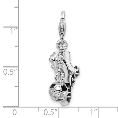 Sterling Silver Amore La Vita Rhodium-Plated Polished 3-D Moveable Enameled Soccer Shoe And Ball Charm With Fancy Lobster Clasp