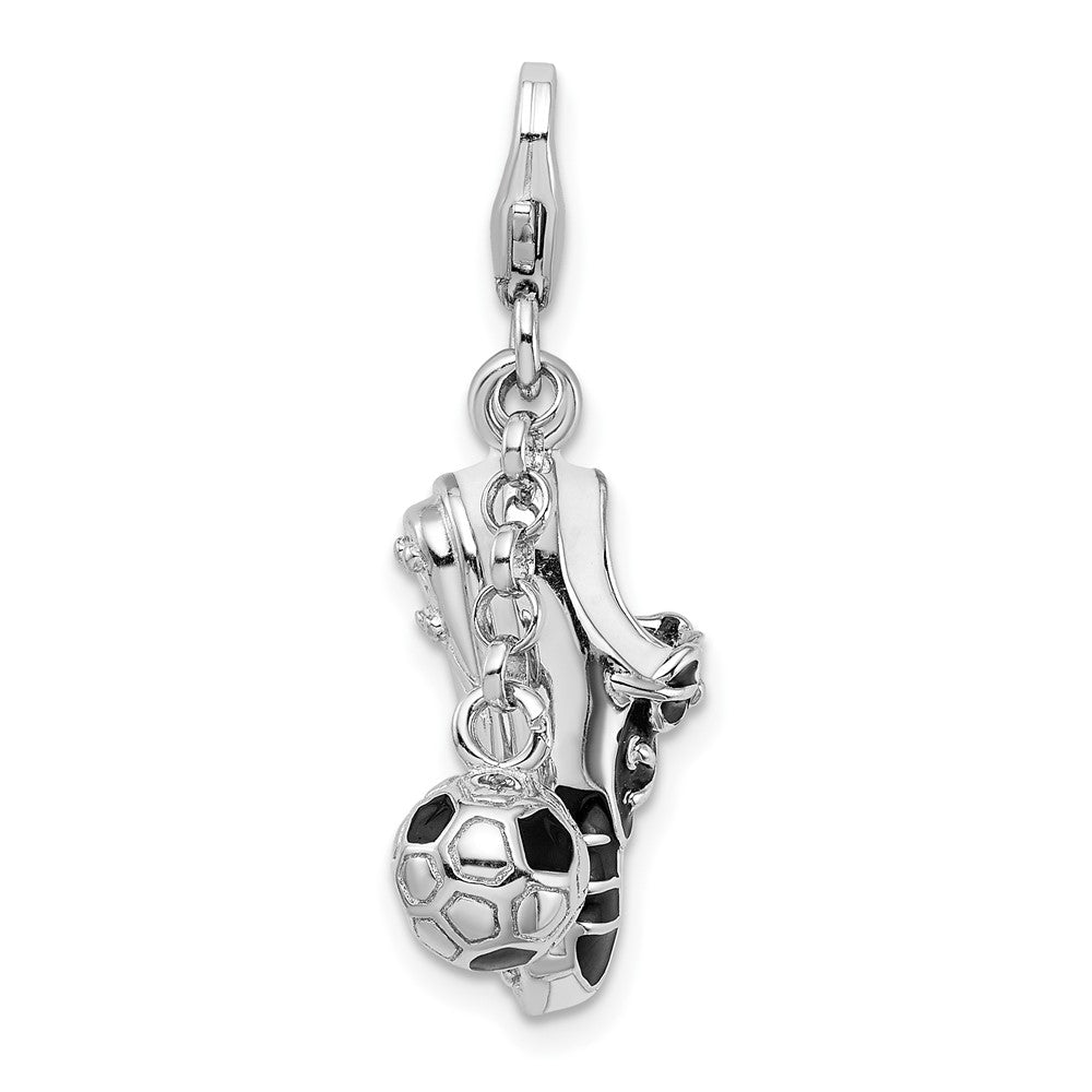 Sterling Silver Amore La Vita Rhodium-Plated Polished 3-D Moveable Enameled Soccer Shoe And Ball Charm With Fancy Lobster Clasp