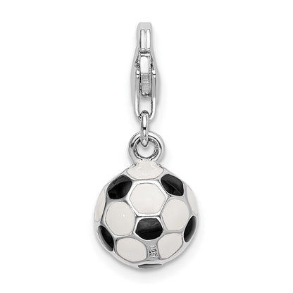 Sterling Silver Amore La Vita Rhodium-Plated Polished 3-D Enameled Soccer Ball Charm With Fancy Lobster Clasp