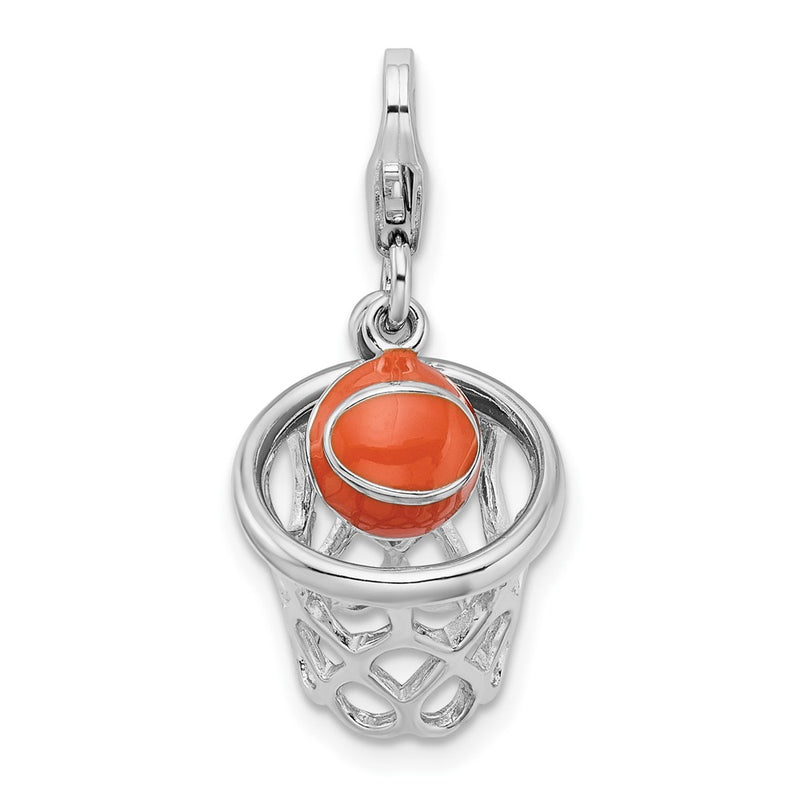 Sterling Silver Amore La Vita Rhodium-Plated Polished 3-D Moveable Enameled Basketball In Net Charm With Fancy Lobster Clasp