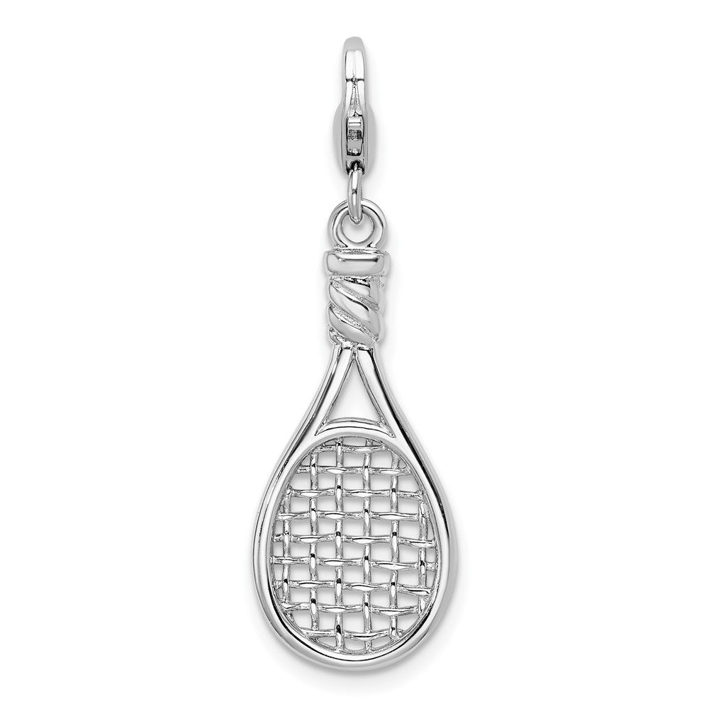 Sterling Silver Amore La Vita Rhodium-Plated Polished 3-D Tennis Racquet Charm With Fancy Lobster Clasp