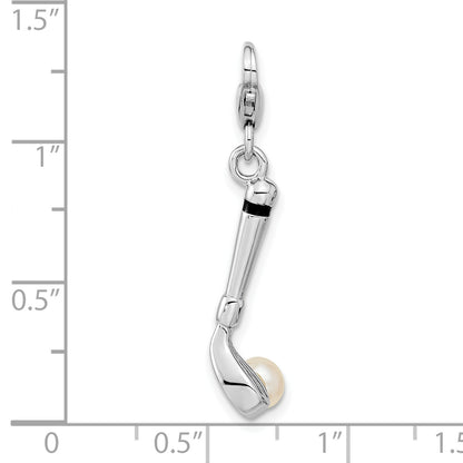 Sterling Silver Amore La Vita Rhodium-Plated Polished 3-D Freshwater Cultured Pearl Golf Club Charm With Fancy Lobster Clasp